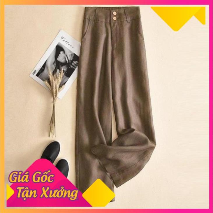 Quần ống rộng nữ vải đũi cạp cao 2 cúc suông dài tôn dán chun sau co dãn thoải mái [ ĐỈNH 2]