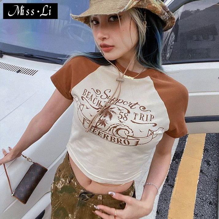 Áo Thun Ngắn Tay Ôm Dáng Phối Màu Sắc Tương Phản Phong Cách Retro Mỹ Thời Trang Mùa Hè Cho Nữ