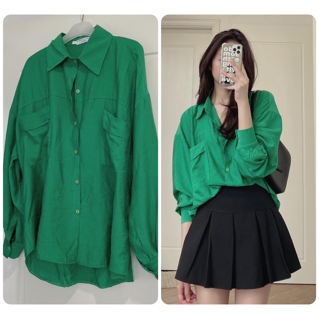 🍀🍀 ÁO SƠ MI XANH LỤA ĐŨI 2 TÚI FORM RỘNG OVERSIZE