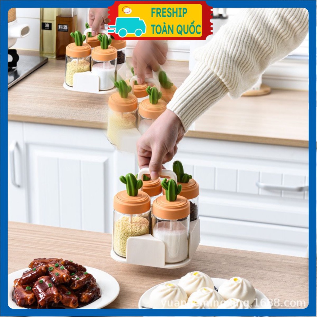 PVN32645 Bộ 4 lọ đựng gia vị thuỷ tinh kèm khay đựng hình xương rồng đáng yêu T2 .