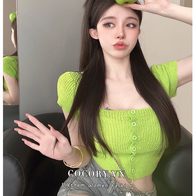 Áo croptop cúc dọc len mongtogi siêu co dãn nhiều màu xinh duyendel