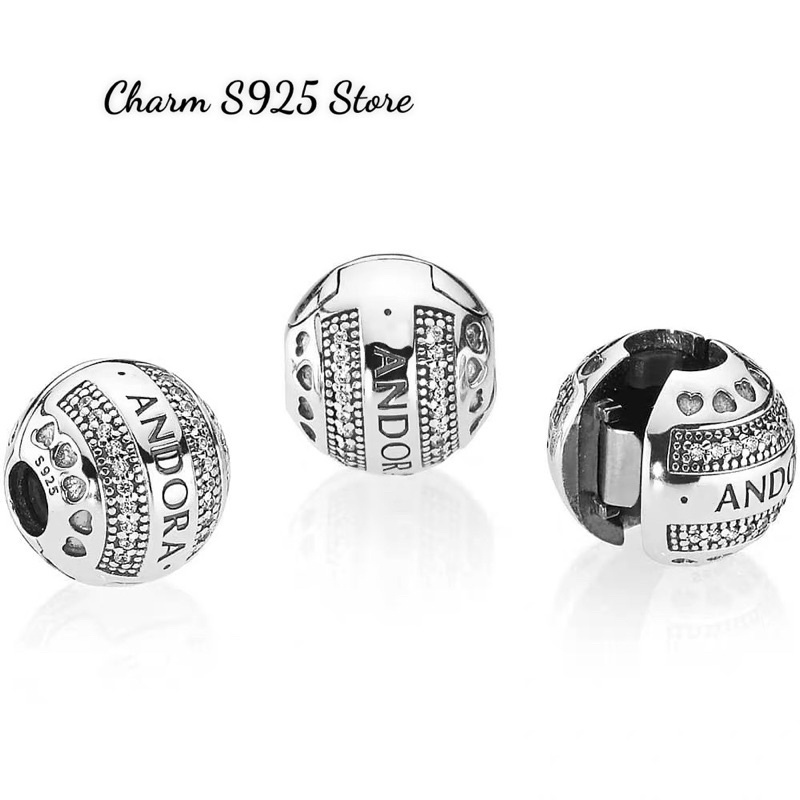 charm pan khoá chặn hình tròn hoạ tiết logo đính viền đá bạc s925
