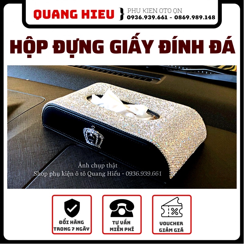 Hộp đựng khăn giấy trên taplo xe ô tô đính đá bằng da cao cáp - Vương Miện - Thiên Nga - Con Ong