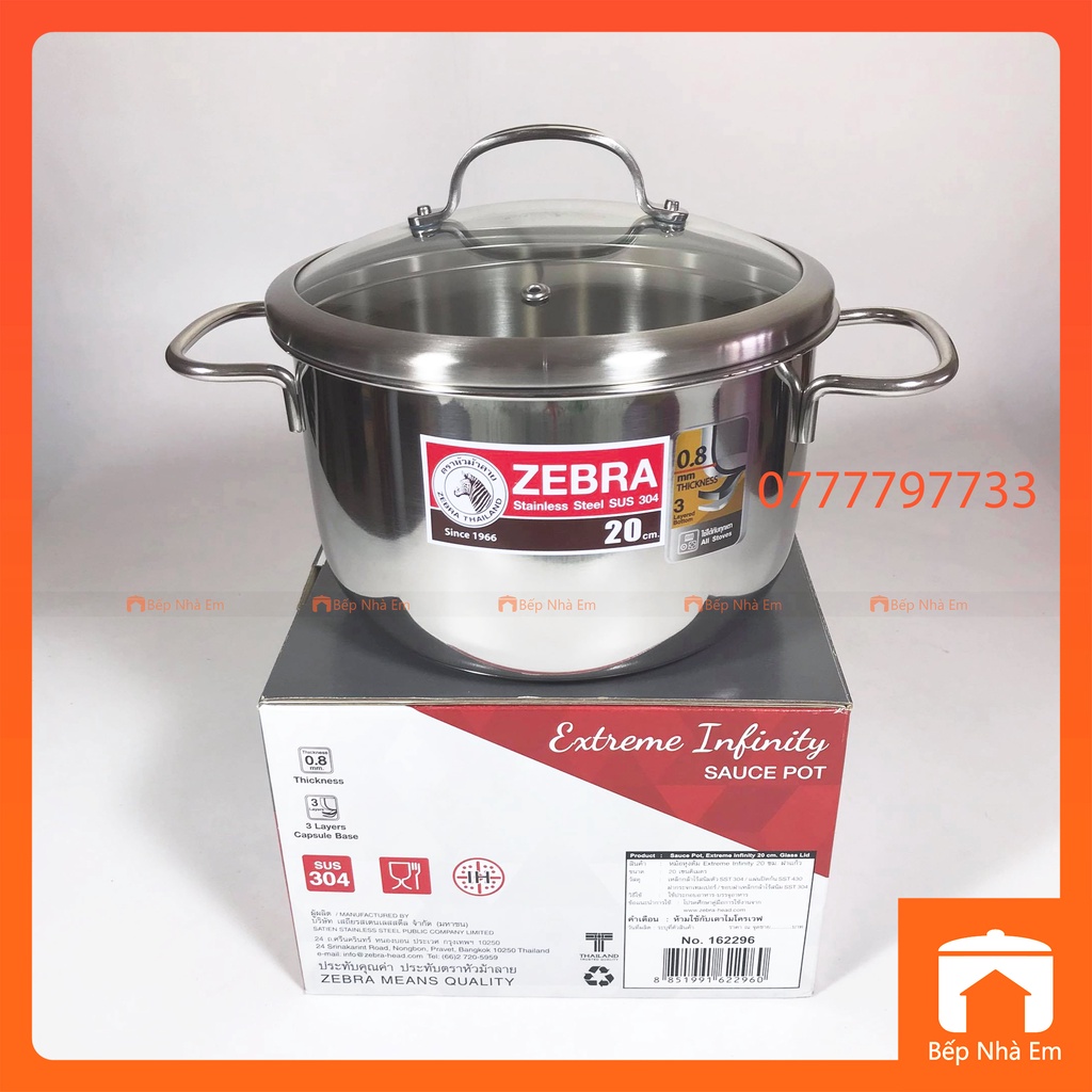 Nồi ZEBRA 3 Đáy Extreme Infinity 20cm 3.5L Nắp Kính (Inox 304) - 162296. Nhập Khẩu Thái Lan