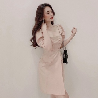 Đầm cổ vuông nút bọc 2 màu (kèm hình thật)