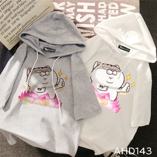 AHD143 Áo thun teen nam nữ HOODIE TAY LỠ CÓ NÓN hình mèo ami ngồi tòa sen