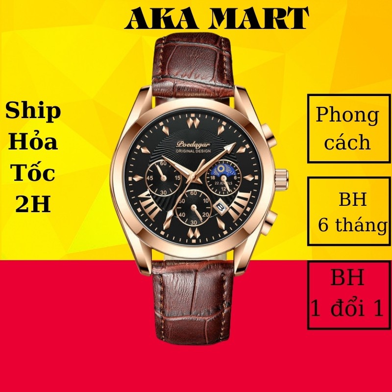 Đồng hồ nam đồng hồ nam dây da chính hãng không thấm nước POEDAGAR cao cấp DH05A - Aka Mart