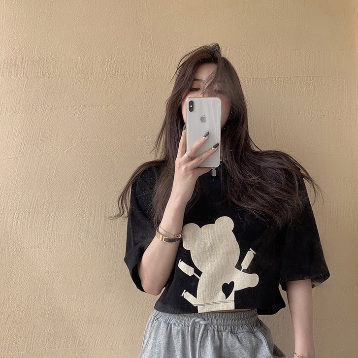 QADCOL Áo Thun Tay Ngắn Dáng Rộng In Hoạt Hình Đáng Yêu Cho Nữ