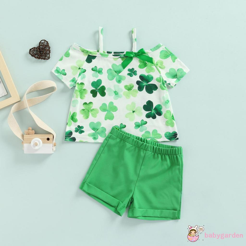 Bộ áo thun tay ngắn in hình cỏ ba lá + quần short màu xanh lá cây trơn thời trang cho bé gái 1-6 tuổi