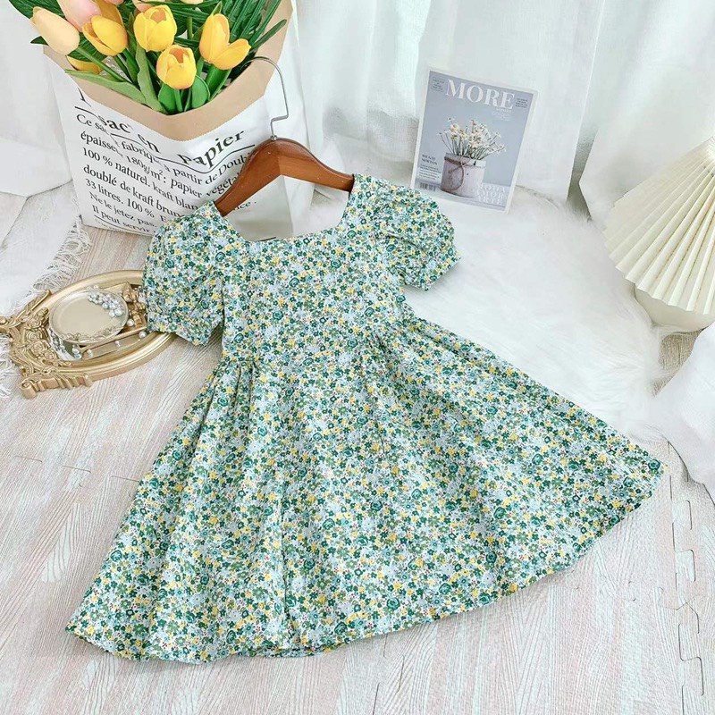 Váy Bé Gái Thiết Kế Họa Tiết Hoa Tôn Dáng Diệu Dàng Tiểu Thư, Chất Cotton Thô Mềm Kết Hợp Nơ Khóa Sau KEYER KID VN16