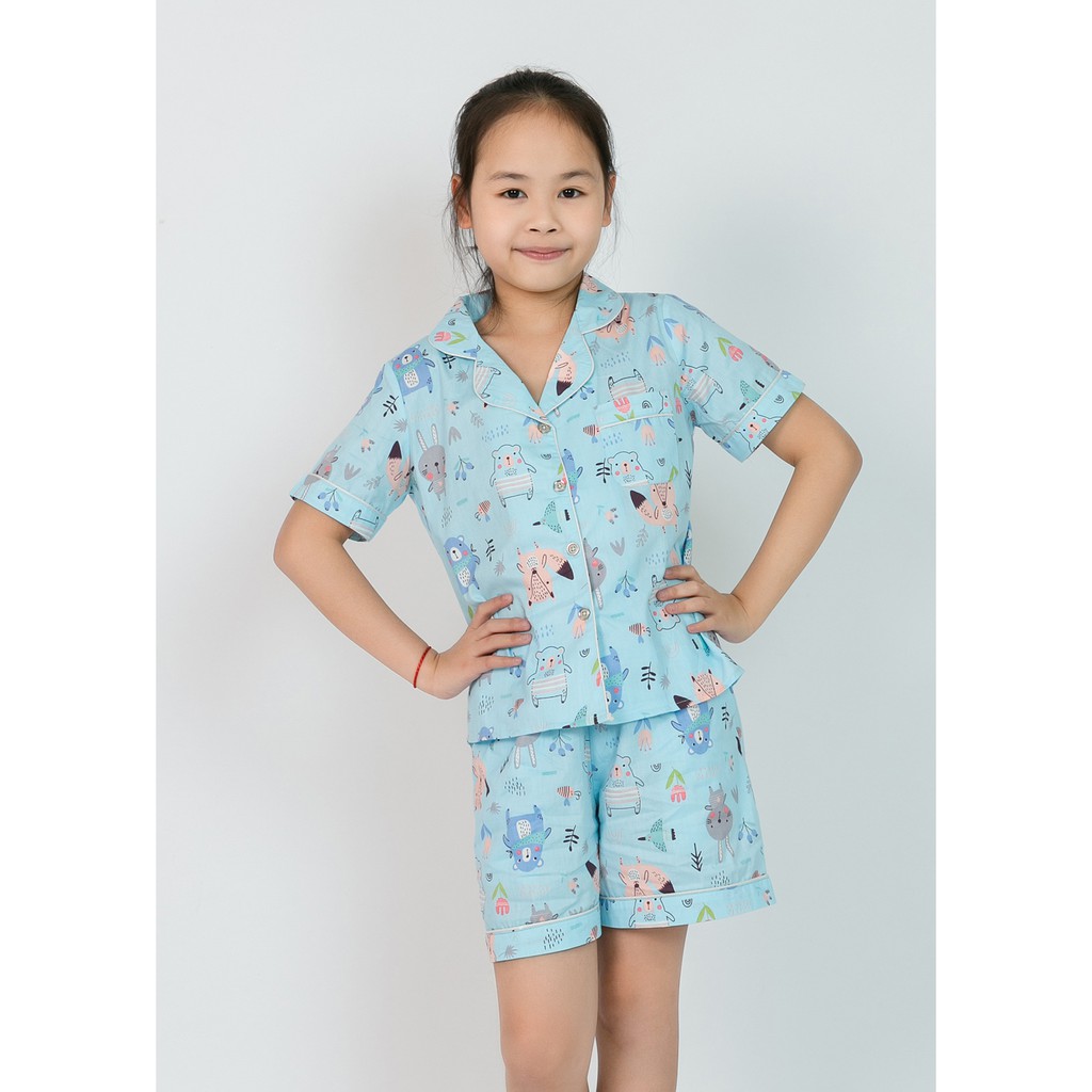 Pijama bé gái áo cộc quần đùi màu xanh nhạt hoạ tiết con thú