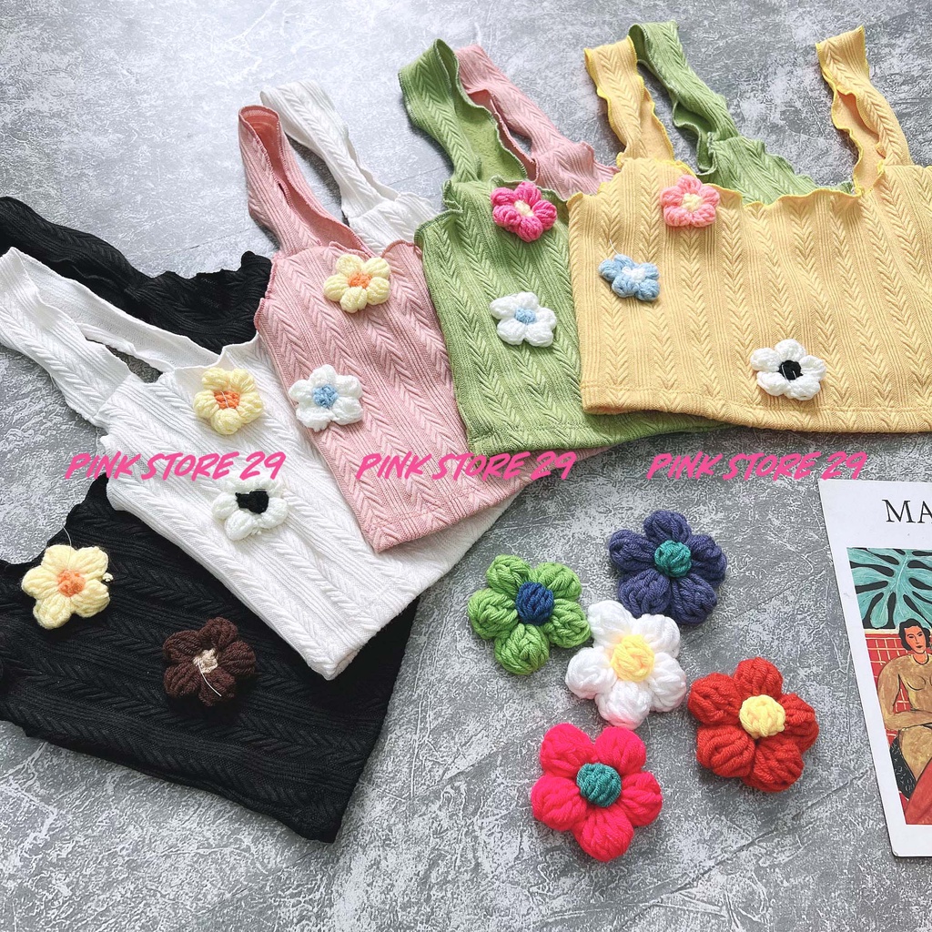 Áo Croptop 2 Dây To alohashop91 Dáng Ôm Body Đính Hoa Len Móc