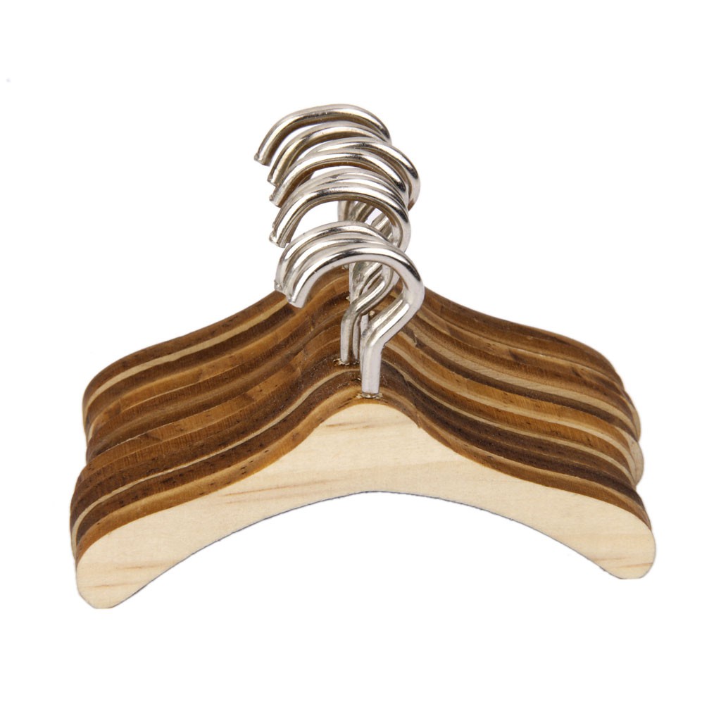 Set 10 móc treo quần áo mini bằng gỗ kim loại dễ thương cho búp bê 1/6 BJD