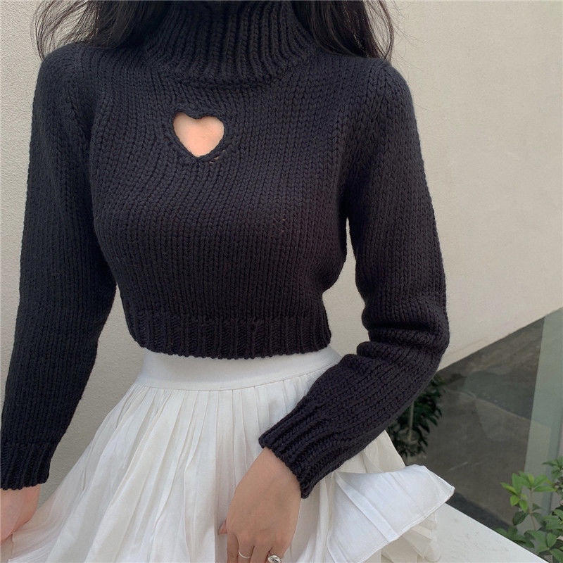 Áo sweater cổ cao tay dài dáng ôm in họa tiết trái tim thời trang thu đông mới cho nữ