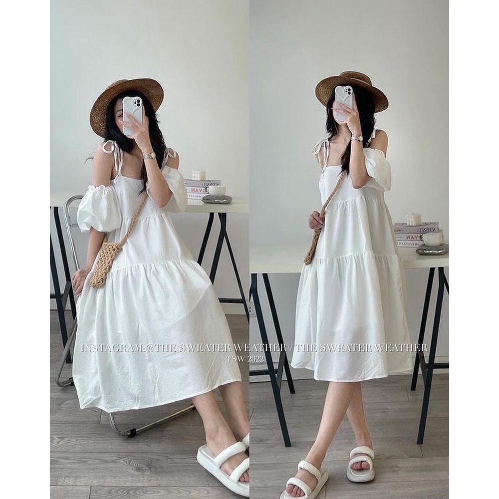 Váy maxi babydoll mặc 4 kiểu form xòe tay rời đính cúc, Váy 2 dây mặc nhiều kiểu