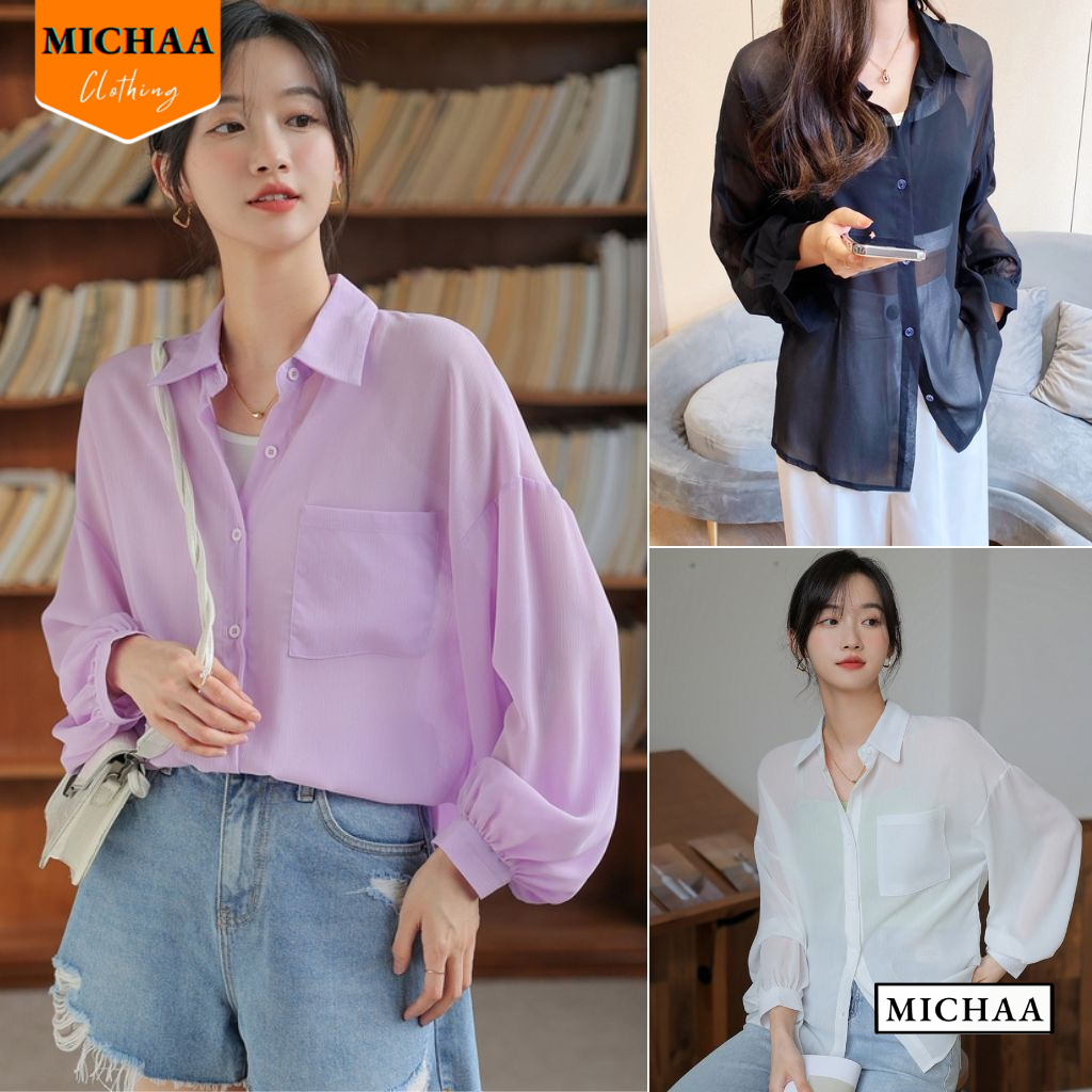 Áo Khoác SƠ MI VOAN Form Rộng Tay Dài Nữ, Áo Sơ Mi Chất Voan Dáng Dài Thời Trang - MICHAA SM03
