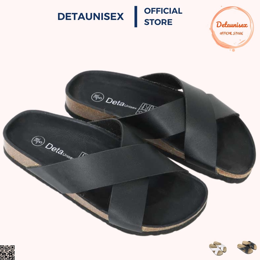 Dép Nam Nữ Quai Chéo Đế Trấu Màu Đen Trắng Êm Chân Full Đen Detaunisex Mã DETA23