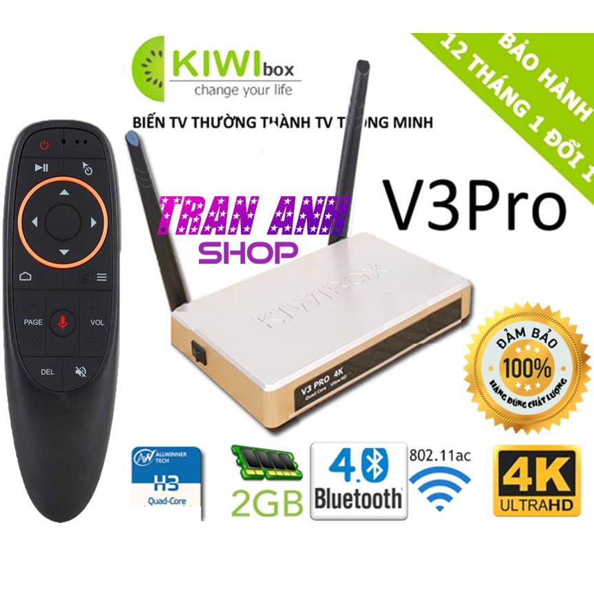 Đầu Android Tivi Box Kiwi Kiwibox V3Pro ,V3 Pro Ram 2Gb , Bluetooth 4.0 - Hàng Chính Hãng