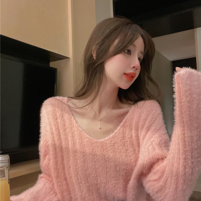 Áo Sweater Dệt Kim Dáng Ngắn Màu Hồng Thời Trang Thu Đông Mới