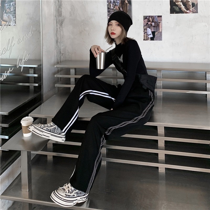 Quần thể thao ống suông 2 sọc unisex, quần ống rộng phối sọc cao cấp
