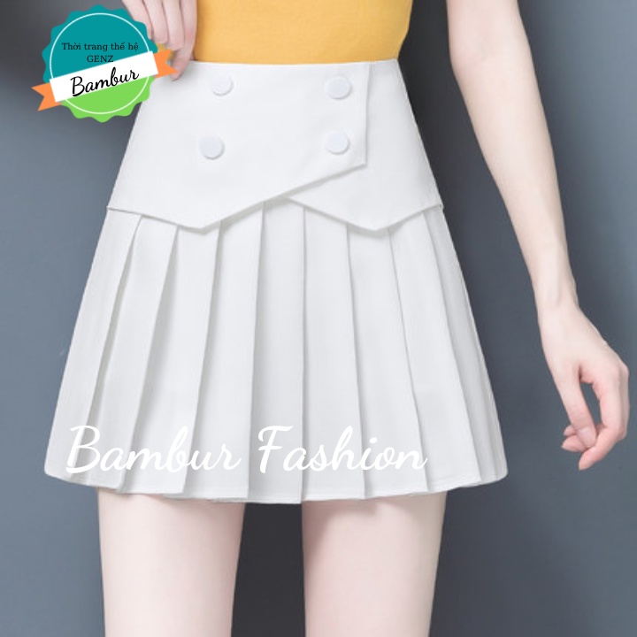 Chân váy tennis xếp ly lưng cao dáng chữ a ngắn xòe xếp li phối  cúc  màu đen trắng phong cách ulzzang Bambur