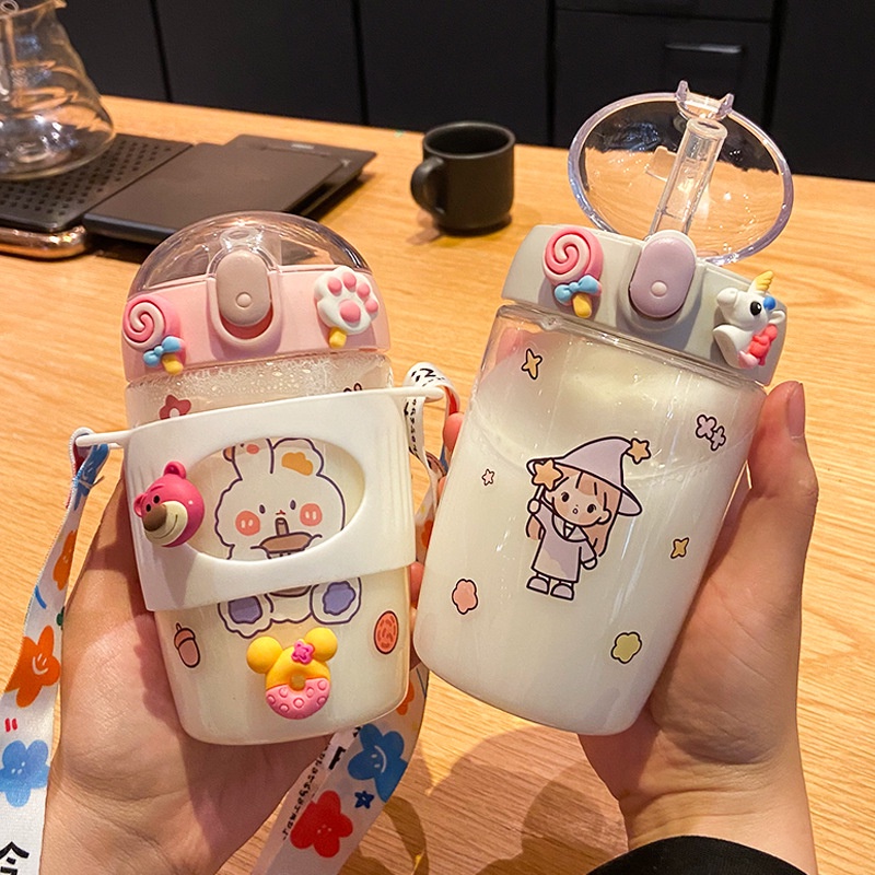 Bình nước cute có ống hút 380ml bình nước trẻ em đi học đi chơi có dây đeo tặng kèm sticker B4