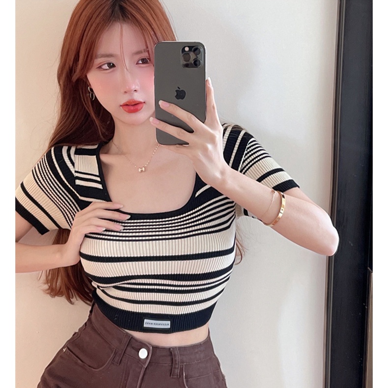 Porozi Áo croptop dệt kim họa tiết sọc ngang thời trang cho nữ