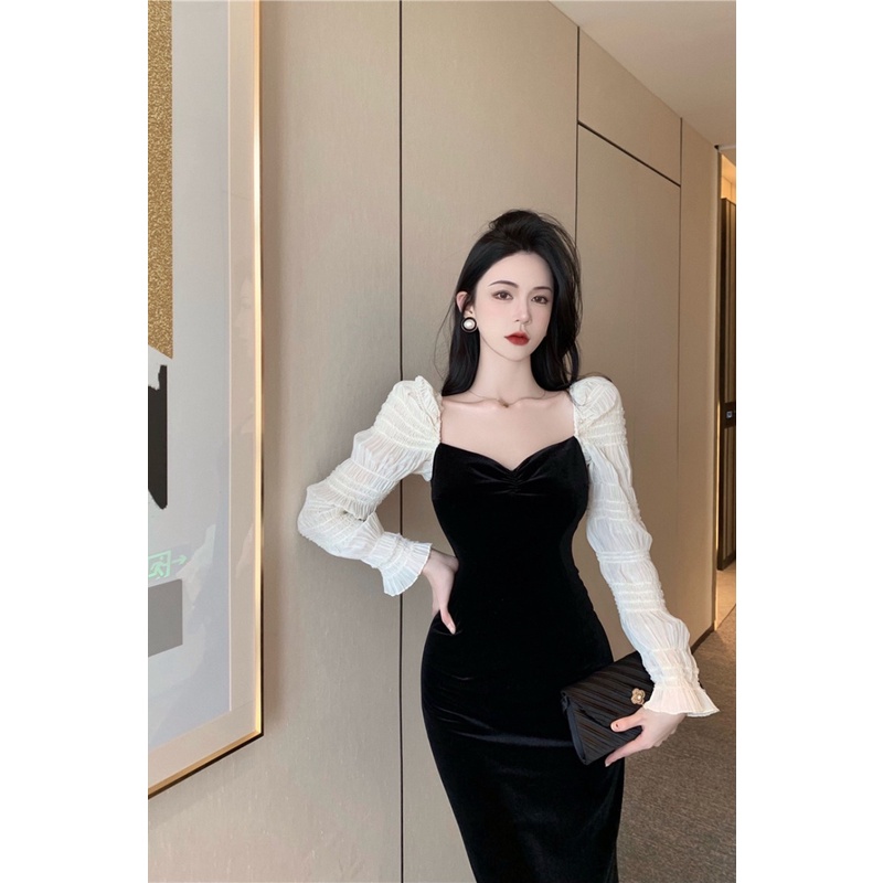 Đầm Váy Body Nhung Đen Phối Tay Dài Màu Trắng Thiết Kế Kiểu Pháp Tôn Dáng Tiểu Thư Dịu Dàng Sang Trọng Phù Hợp Dự Tiệc