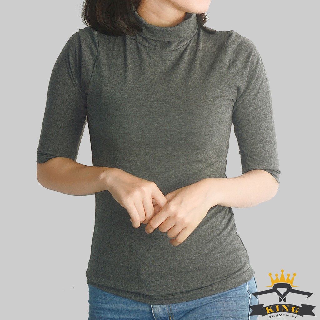 Áo thun KING nữ tay ngắn ,cổ lọ, cổ cao, form ôm body, chất thun cotton trơn co giãn tốt, kingchuyensi, T17