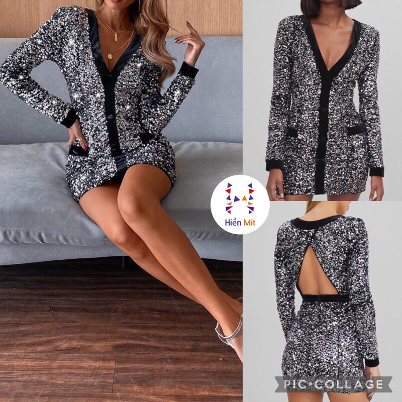 Bershka Đức - Đầm váy sale auth new tag cao cấp chính hãng kim sa trắng phối nhung body dáng form ôm có sẵn dự tiệc ngắn