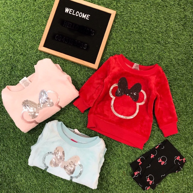 Set áo lông quần legging hoạ tiết Minnie đính cườm