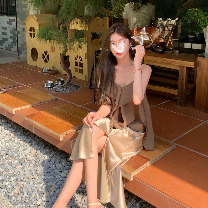 Set Áo Hai Dây Phối Bèo Nhún Và Chân Váy Xẻ Tà Thời Trang Mùa Hè Mới Cho Nữ