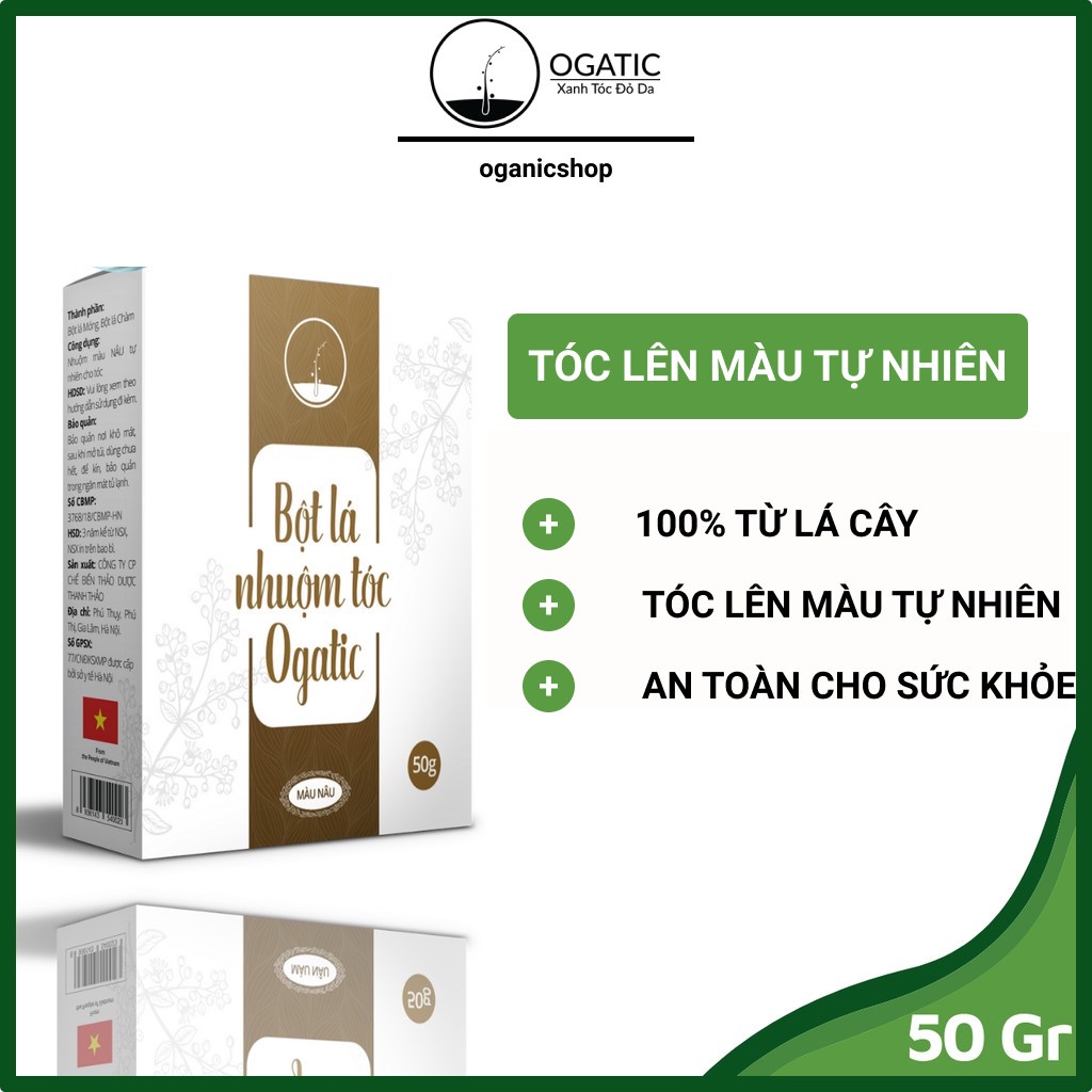 Bột lá nhuộm tóc OGATIC, thuốc nhuộm thảo dược phủ bạc 100% thiên nhiên lá móng lá chàm, hàng chính hãng 50g/hộp