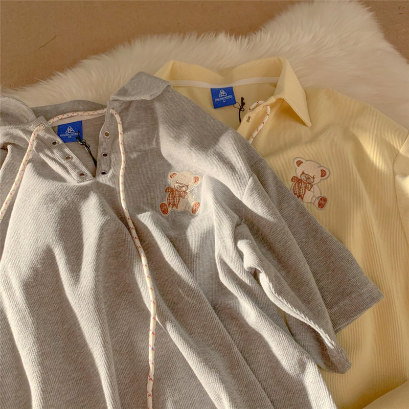 SUXI Áo Thun Thể Thao Tay Ngắn Dáng Rộng Màu Trơn In Hình Gấu Dễ Phối Đồ Thời Trang Mùa Hè Cho Nữ