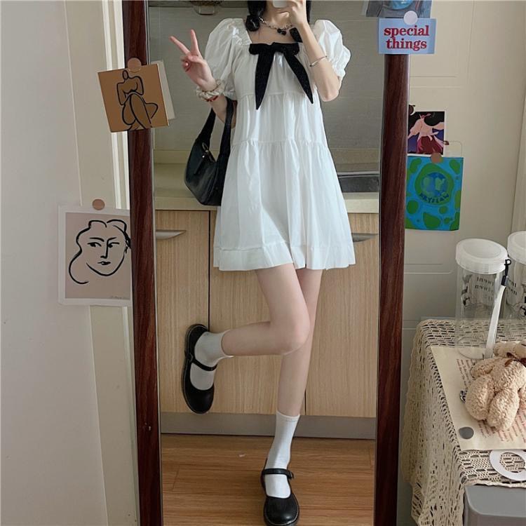 Váy Babydoll Nữ ,Váy Tiểu Thư Trắng Xoè Cổ Vuông Đính Nơ,Freesize Dưới 60kg, Chất Thô Mềm Xếp Tầng Phong Cách Hàn Quốc | BigBuy360 - bigbuy360.vn