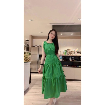 💕💕 Maxi xanh sát nách khoét eo đính nơ, Đầm dài xoè tầng bo eo sát nách khoét eo xanh lá