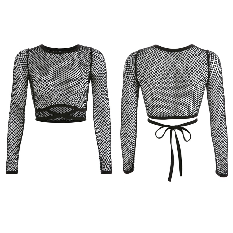 Áo Croptop Lưới Tay Dài Thiết Kế Dây Đan Chéo Sau Lưng Phong Cách Quyến Rũ