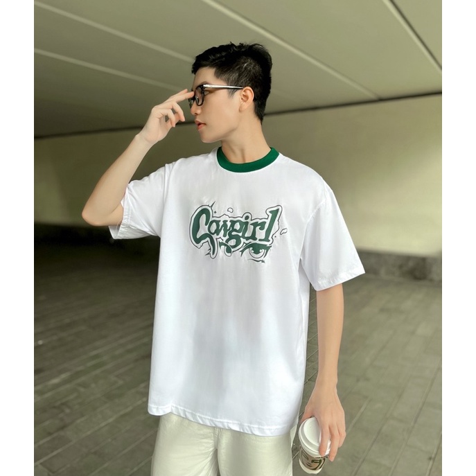 Áo thun tay lỡ nam nữ,thiết kế cổ xanh in hình Cowgirl