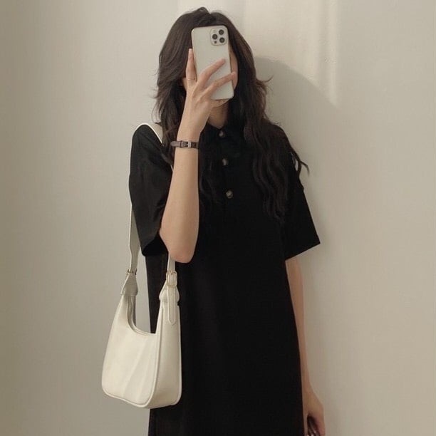 Đầm polo trơn dáng suông dài màu cam đất và đen chất cotton che khuyết điểm - Đầm Nữ Hoài Thương | BigBuy360 - bigbuy360.vn