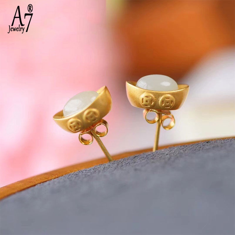 Bông Tai Bạc A7 S925 Đính Đá Ngọc Bích Trắng Nhỏ Xinh