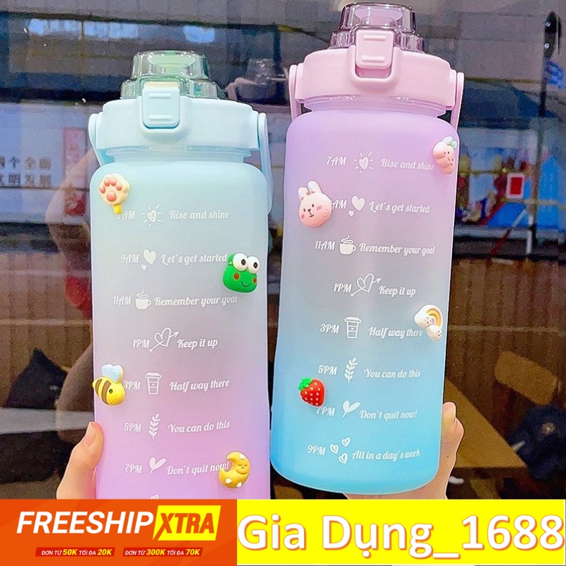 Bình Nước 2 Lít ?Cam Kết Chuẩn?Bình Màu Cầu Vồng Cute Cỡ 2000Mlcó Ống Hút, Vạch Chia Nhắc Giờ Có Kèm Sticker