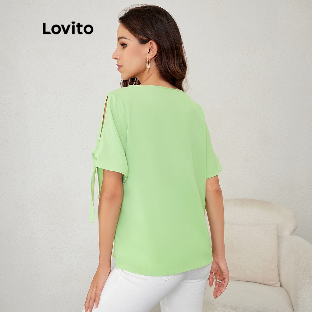 Lovito Áo cánh cổ thuyền ngắn tay phối ren giản dị L24LD043 (Xanh lá cây)