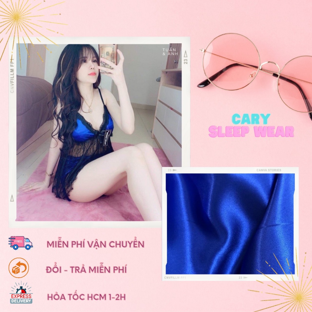 Đồ bộ ngủ hai dây mặc nhà lụa phi mút ngực phối ren CARY, đồ ngủ sexy 2 dây gợi cảm mềm mát mặc hè quyến rũ