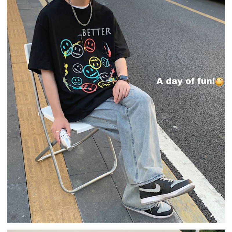 Áo thun tay lỡ nam nữ, áo phông unisex form rộng chất cotton mát mịn thấm hút mồ hôi in hình mặt cười | BigBuy360 - bigbuy360.vn