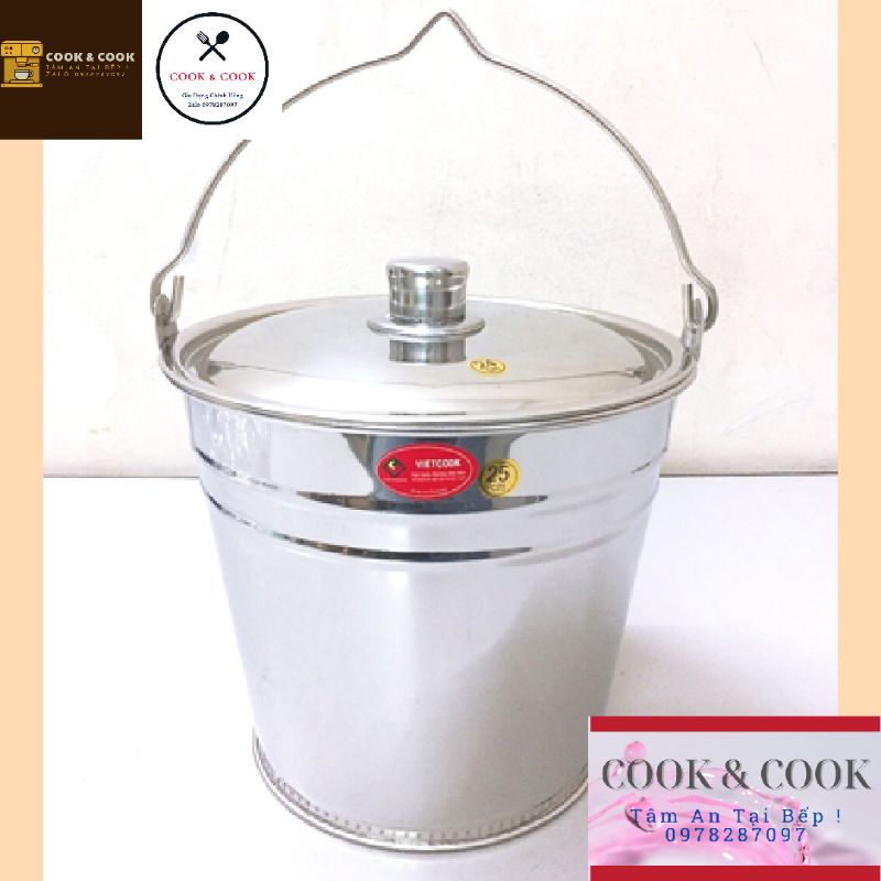 [Chính Hãng] Xô inox size 18, 20, 25, 27, 30 có nắp, Xô inox 3, 5, 10, 15, 20 lít có nắp đậy Vietcook