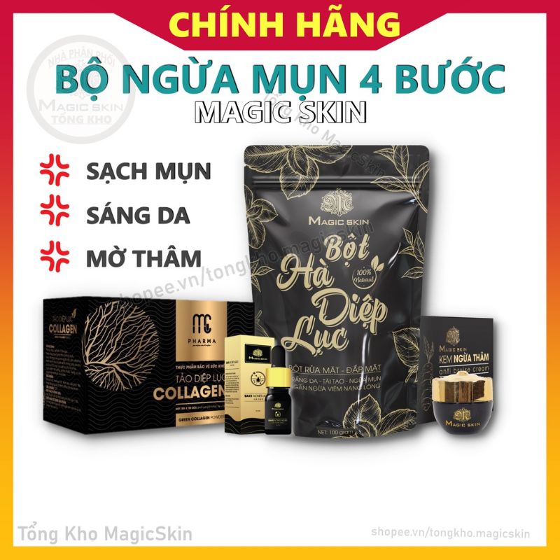 Bộ Ngừa Mụn 4 Bước Magicskin (Hà diệp lục, Sake, Kem ngừa thâm, Tảo diệp lục )