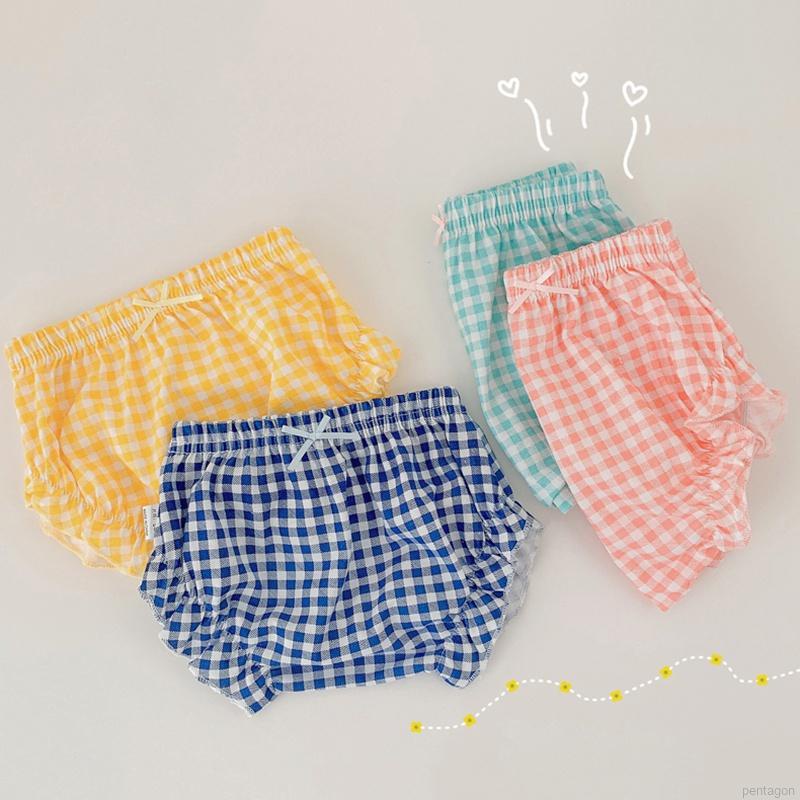 Quần lót cotton mỏng họa tiết sọc caro đính nơ dễ thương cho bé gái