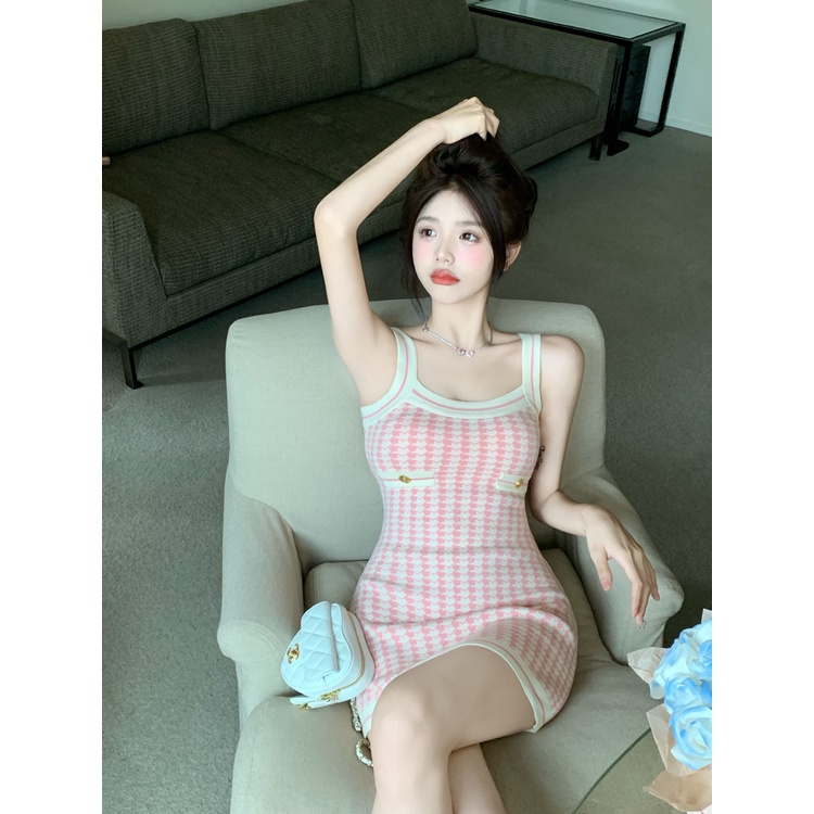 Cocory vn Đầm Ôm Hai Dây Họa Tiết houndstooth Quyến Rũ Dành Cho Nữ