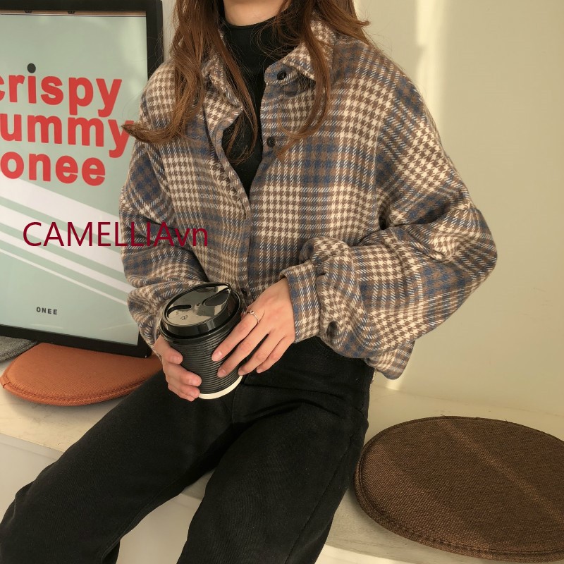 Kumivn ỏrder áo sơ mi dạ họa tiết kẻ ulzzang Hàn Quốc