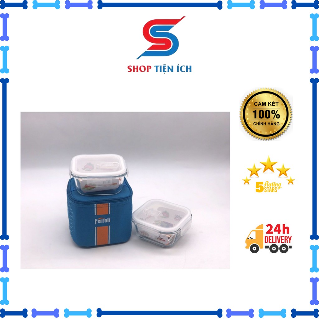Hộp thủy tinh kèm túi giữ nhiệt FERROLI bộ 3 hộp thủy tinh dung tích 500ml đựng cơm , thức ăn